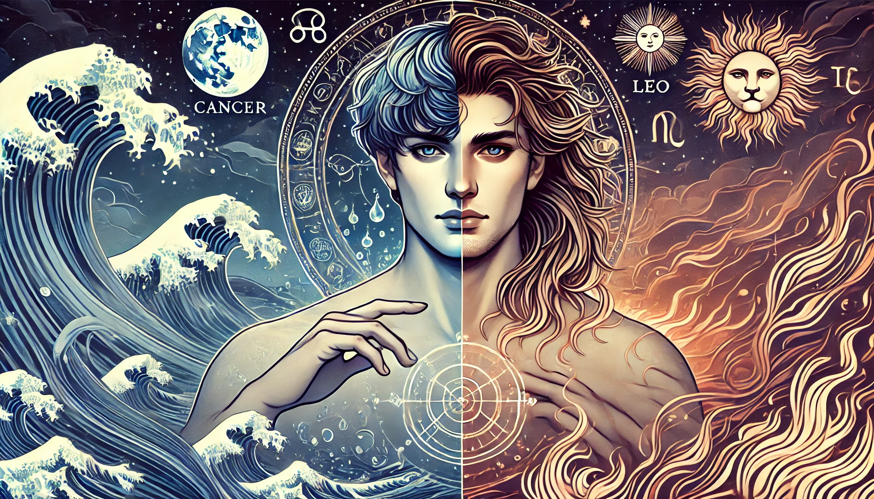 Ілюстрація, яка відображає поєднання стихій води і вогню між Раком і Левом.